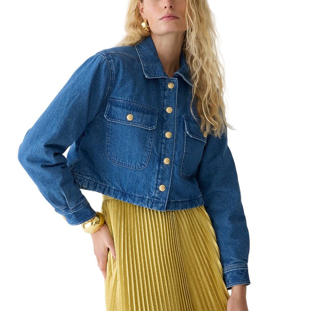 J. Crew Cropped Denim Puffer Jacket size M medium warm quilted lining blue jean